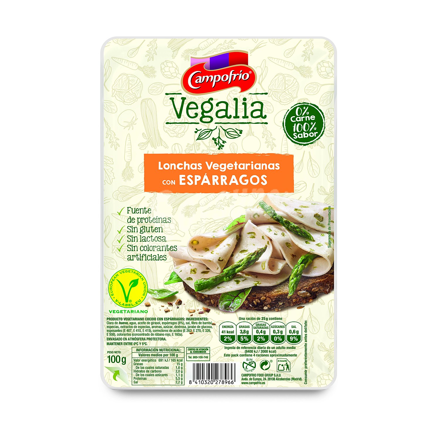 Producto vegetariano cocido sin gluten y con esparragos verdes