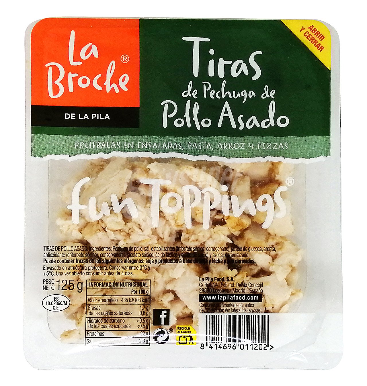 Tiras de pechuga de pollo asado, ideales para ensaladas, arroces y pizzas