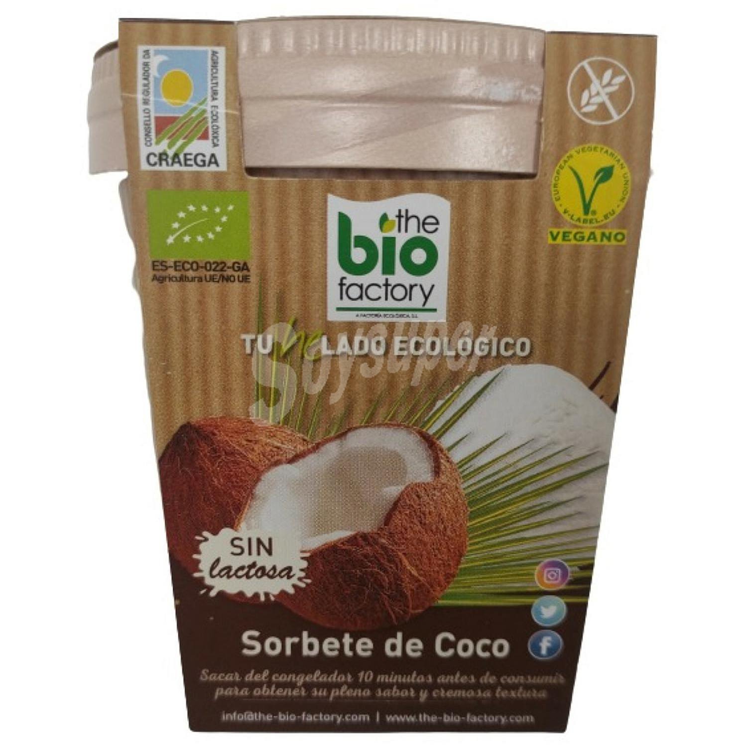 Helado de sorbete de coco ecológico The Bio Factory sin gluten sin lactosa