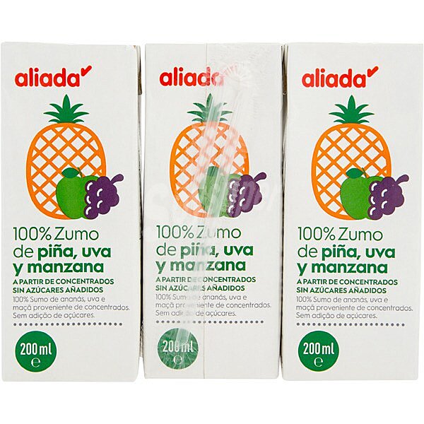 100% zumo de piña, uva y manzana a partir de concentrado sin azúcares añadidos