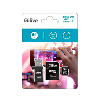 Tarjeta de memoria qilive 64GB microsdhc UHS-U1 V10, 80Mb/s, Clase 10 + Lector de tarjetas