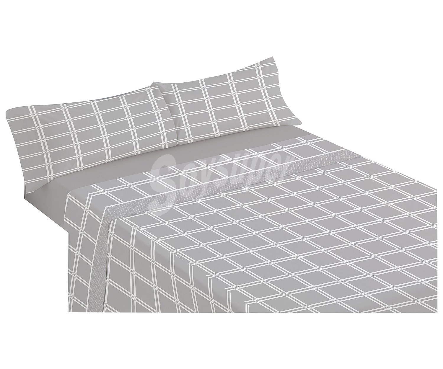 Juego de sábanas de franela diseño cuadros gris para cama de 150cm. 100% algodón