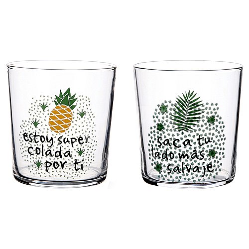 Vaso de vidrio con diseño tropical y frase, , Tropic quid