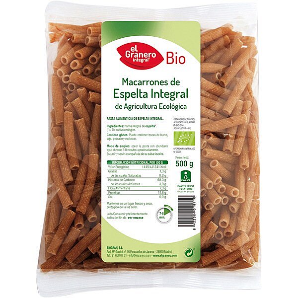 Bio macarrones de espelta integral de cultivo ecológico envase 500 g