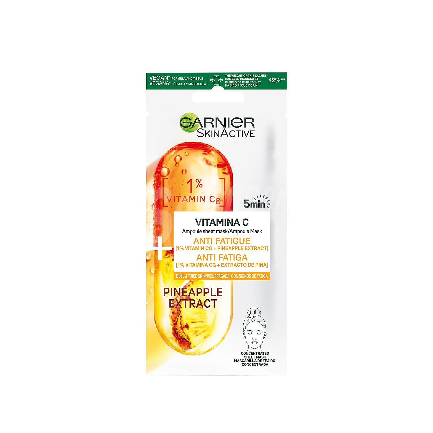 Mascarilla facial de tejido anti fatiga con vitamina Cg & piña Ampoule Mask Garnier Skin Active