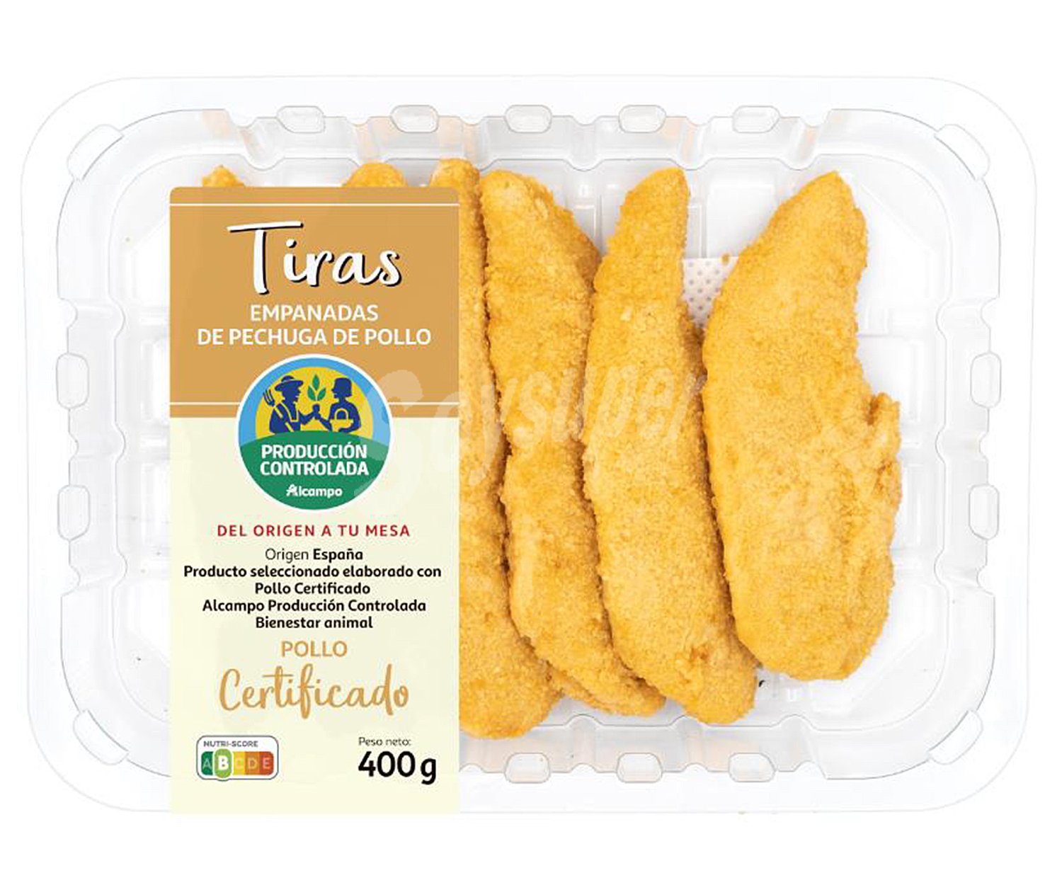 Bandeja con tiras empanadas de pechuga de pollo alcampo producción controlada