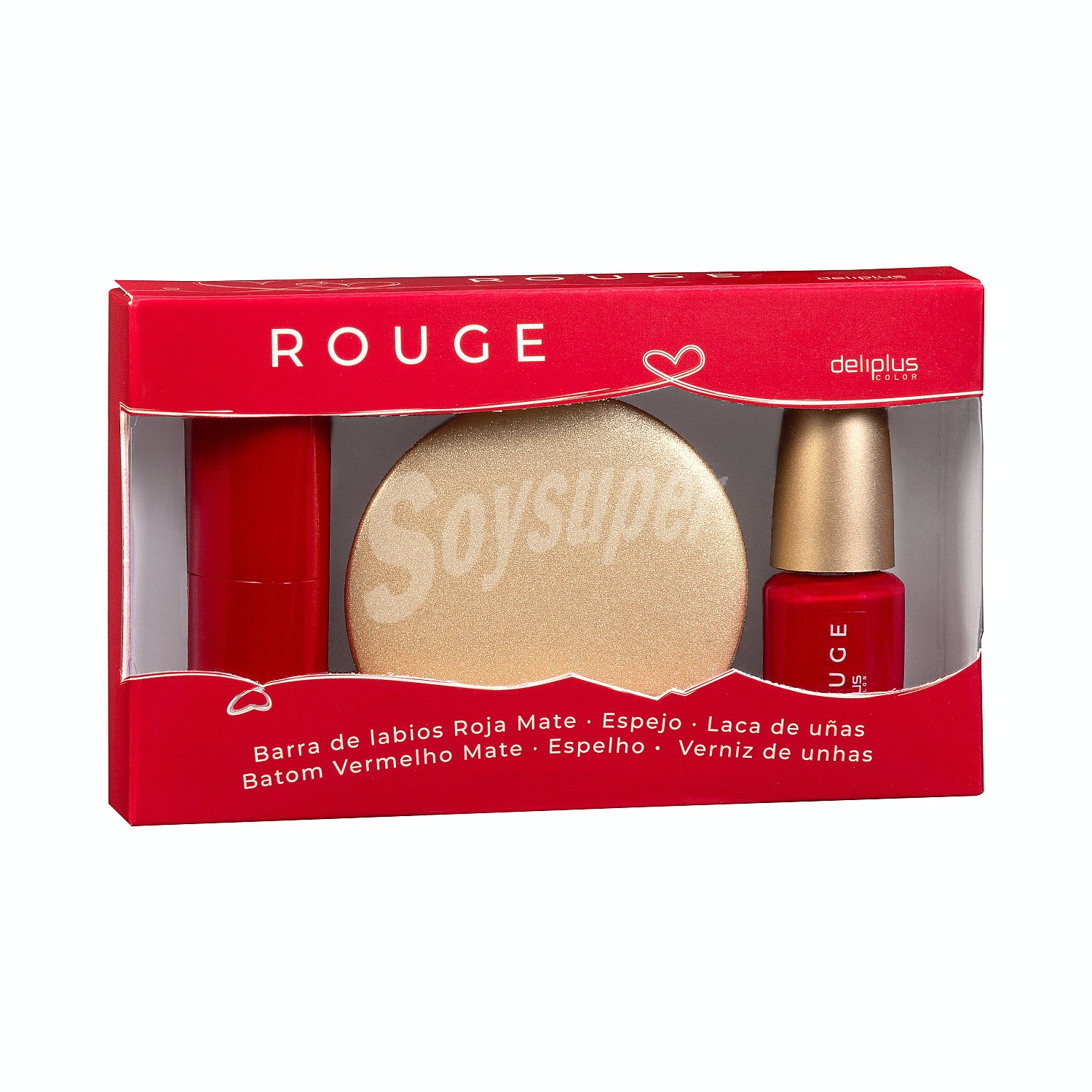 Lote cosmetica kit rouge (contiene laca uñas roja efecto gel, espejo, barra labios roja)