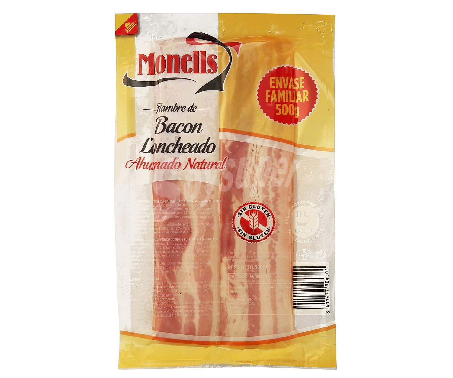 Fiambre de bacon cocido y ahumando de forma natural, sin gluten, cortado en lonchas