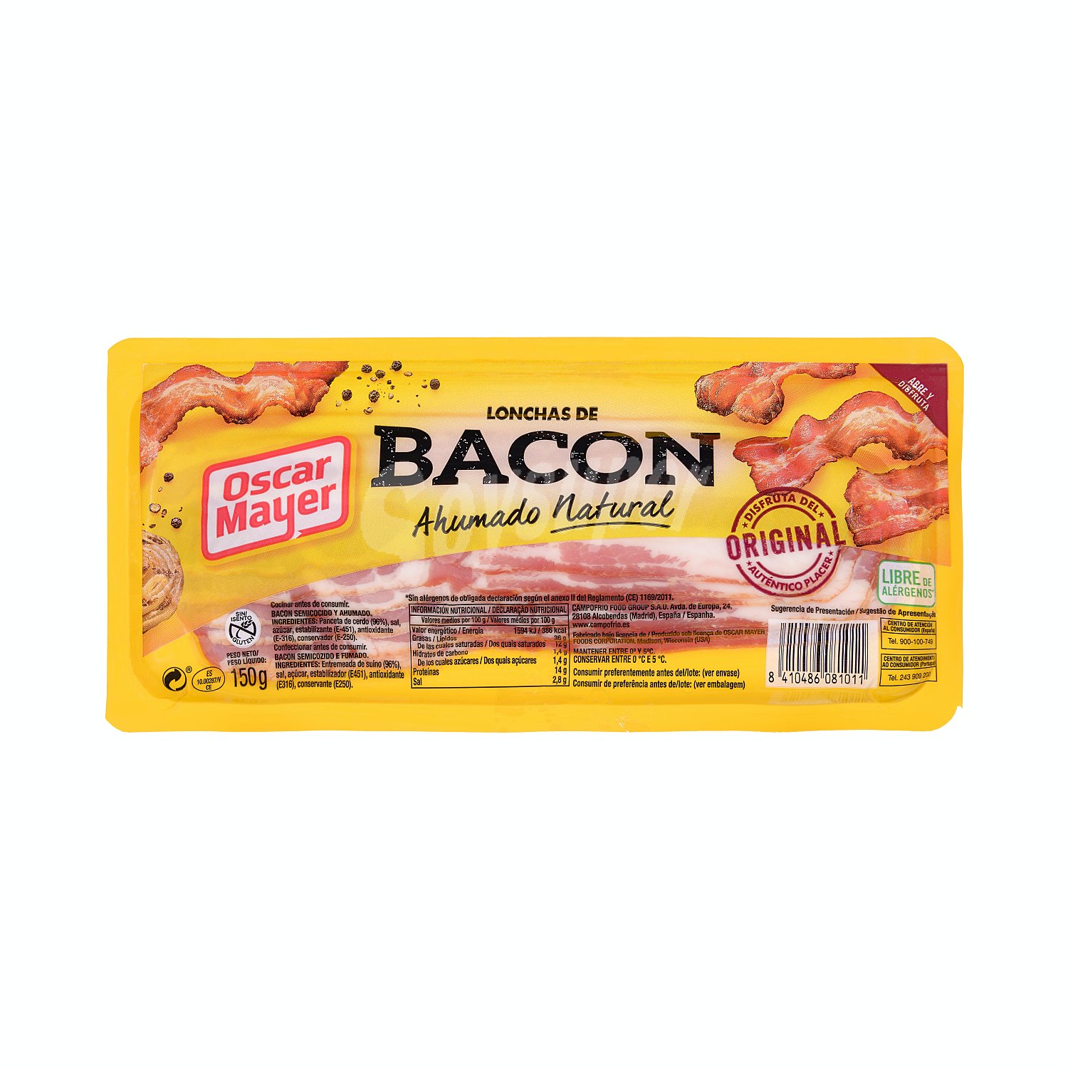 Bacon ahumado con humo de madera de haya, sin gluten y cortado en lonchas oscar mayer