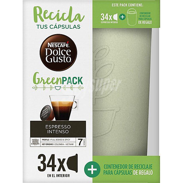 Green Pack café espresso intenso formato ahorro + contenedor de reciclaje para cápsulas de regalo