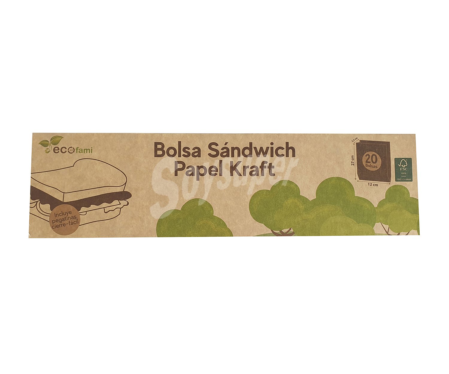 Ecofami Bolsas de sándwich papel Ktaft 12 x 27 x 5,5 ecofami