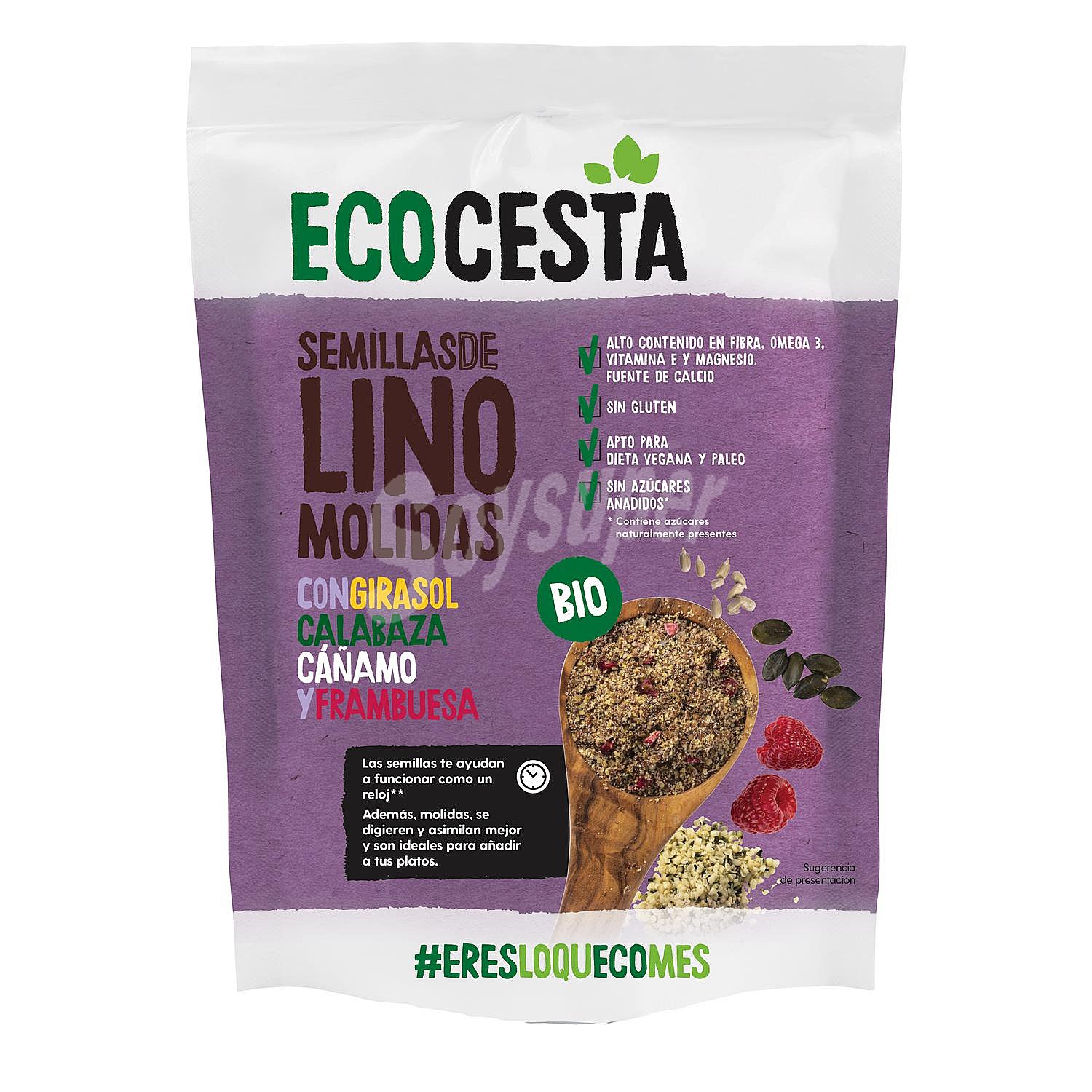 Semillas de lino con girasol, calabaza, cáñamo y frambuesa molidas sin azúcar añadido ecológicas ecocesta sin gluten