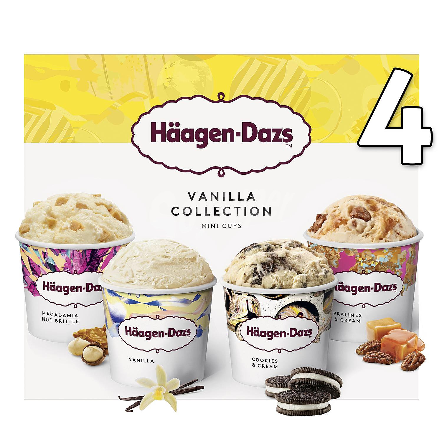 Mini tarrinas de helado de vainilla con caramelo, cookies, o nueces de Macadamia hägen-dazs Collection