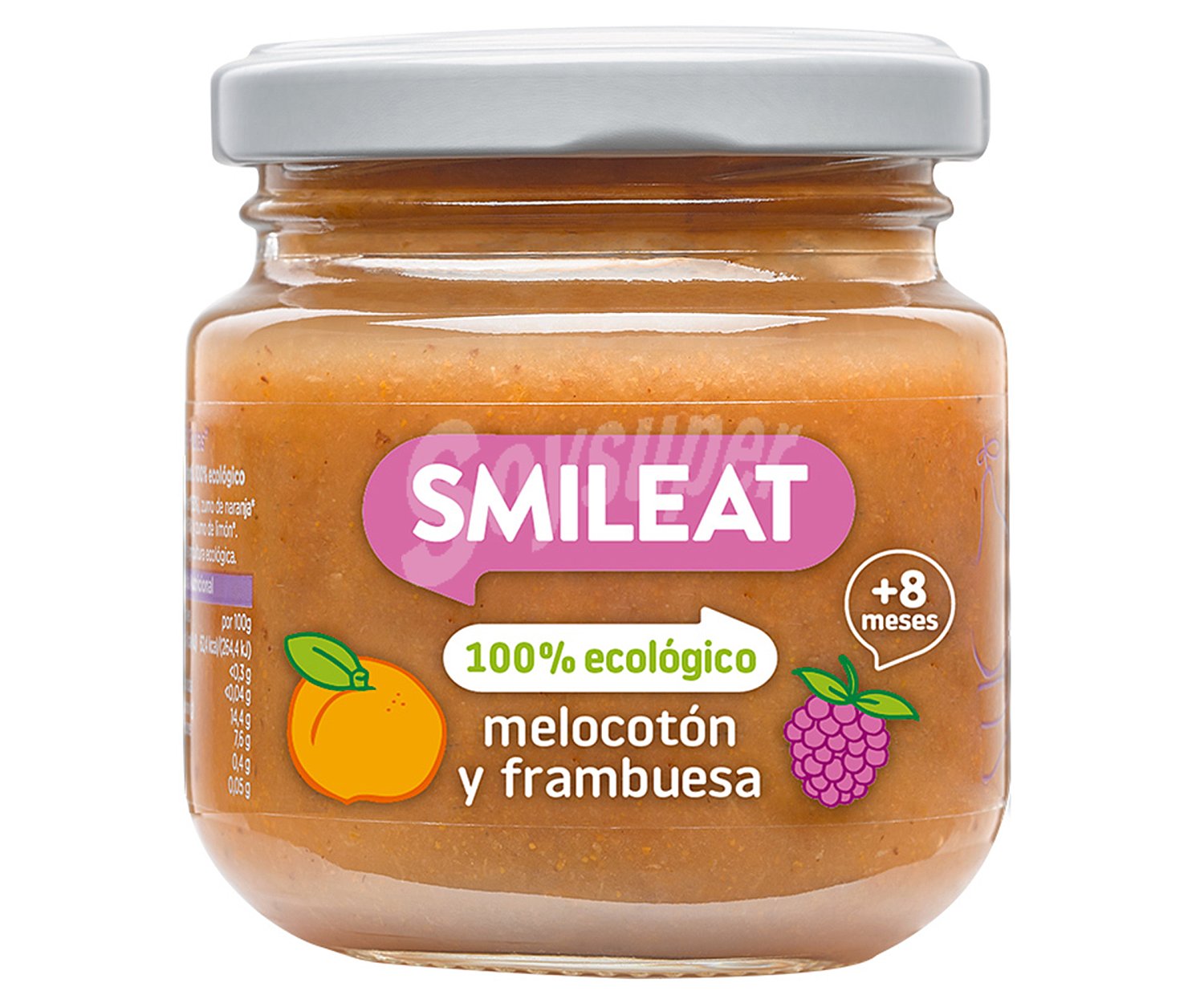 Smileat Tarrito de fruta (melocotón y frabuesa) 100% ecológica, a partir de 8 meses smileat