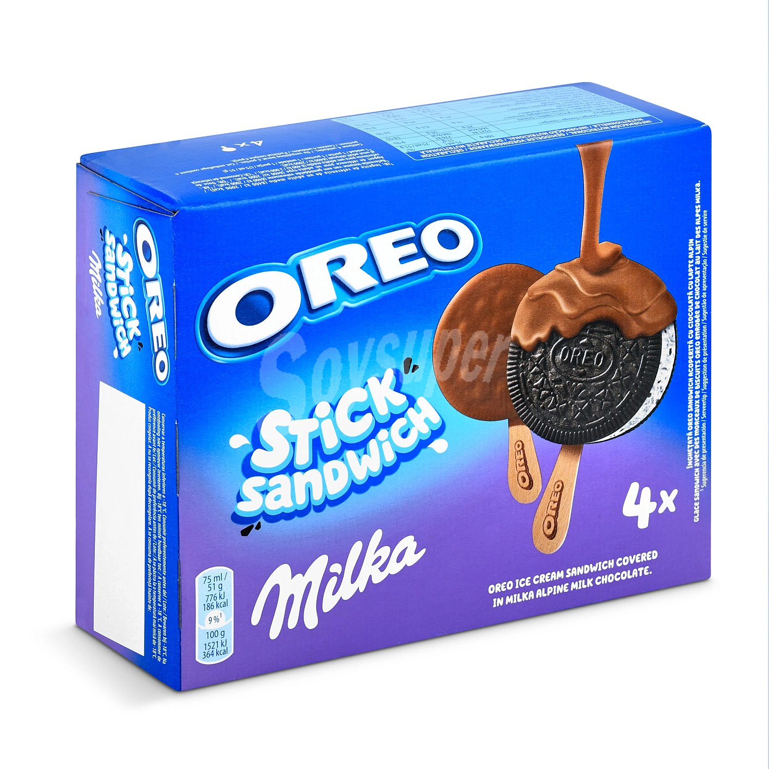 Helado bombón stick sandwich con chocolate milka