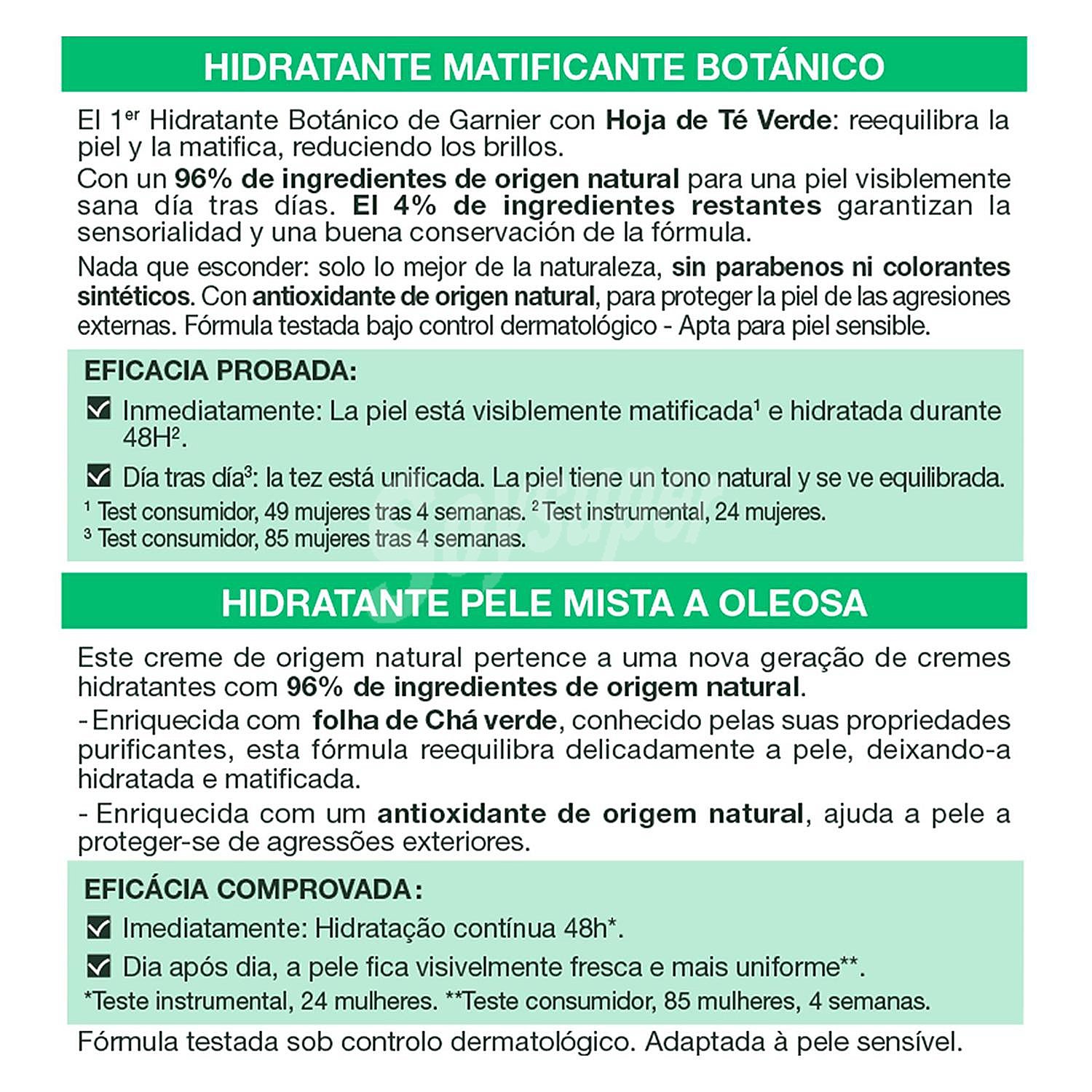 Crema hidratante y matificante con hoja de té verde para pieles mixtas y grasas