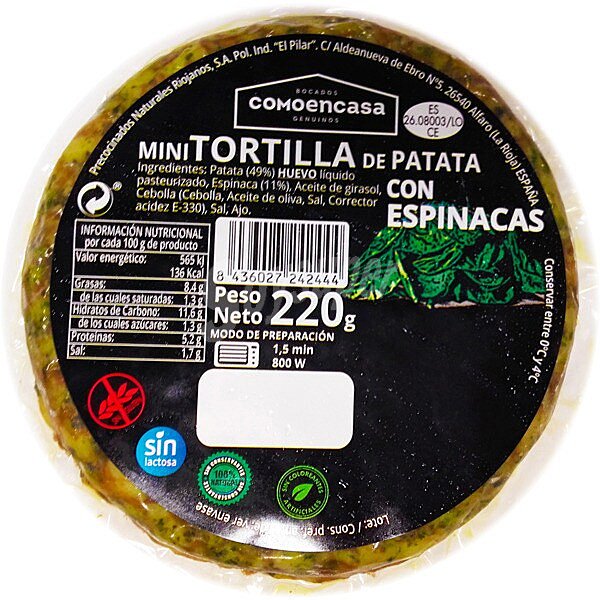 Mini tortilla de patata con espinacas sin gluten sin lactosa