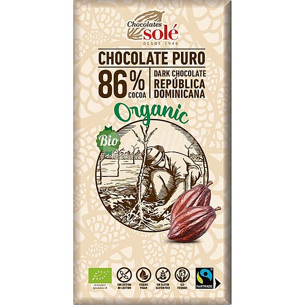 Sole Organic Bio chocolate 86% cacao de República Dominicana ecológico y sin gluten