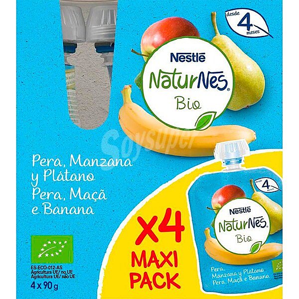 Postre de pera, manzana y plátano ecológico desde 4 meses pack 4x90 g BIO