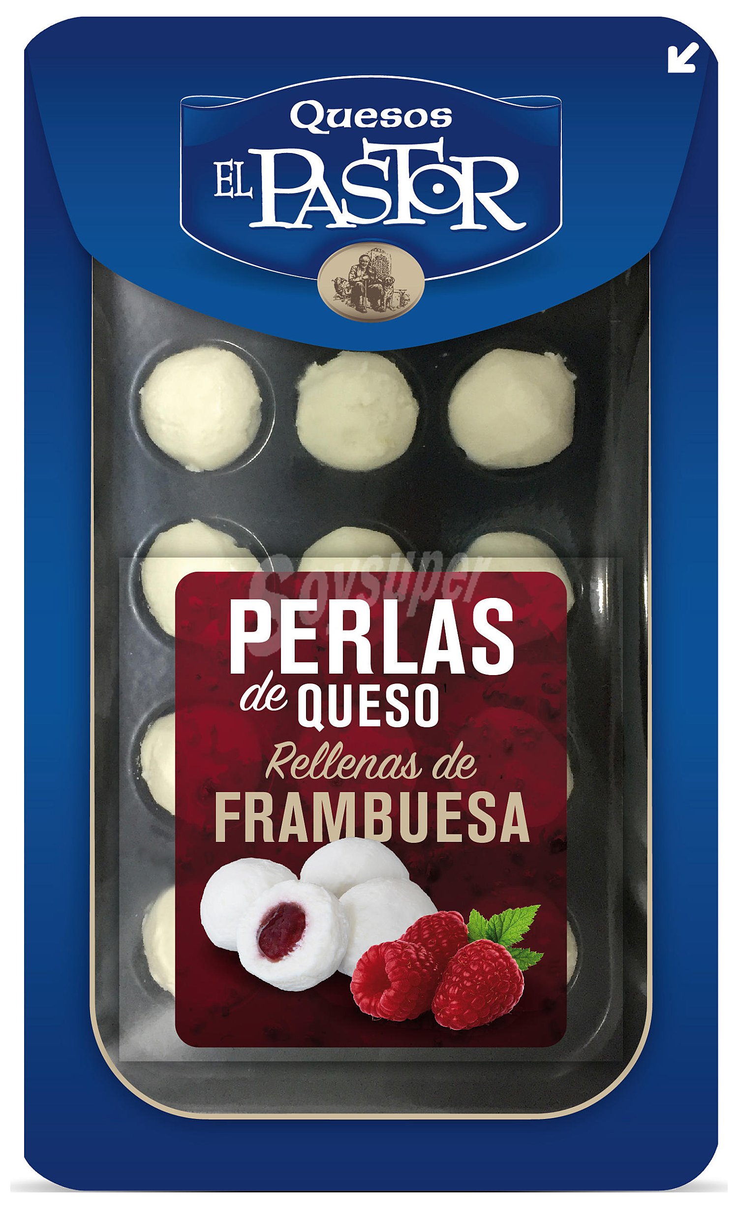 Queso relleno de frambuesa en perlas