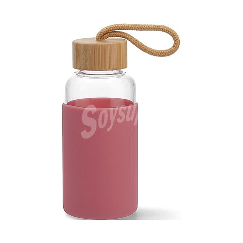 Botella de vidrio con funda de silicona color rosa y tapa de bambú quid