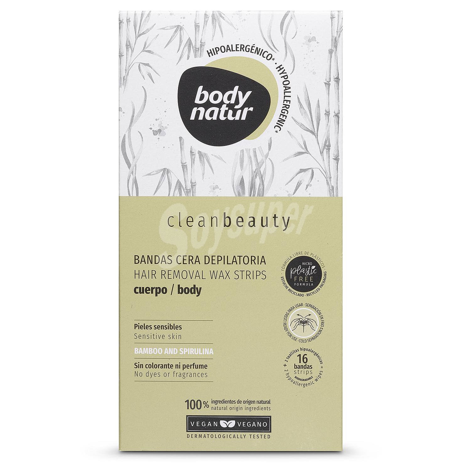 Bandas de cera depilatoria corporal pieles sensibles Clean Beauty