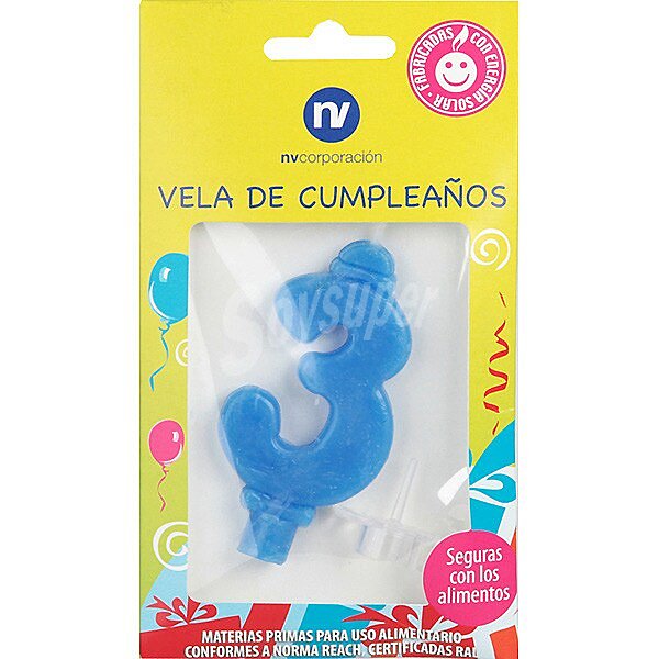 Vela de cumpleaños azul nº3 blister 1 unidad