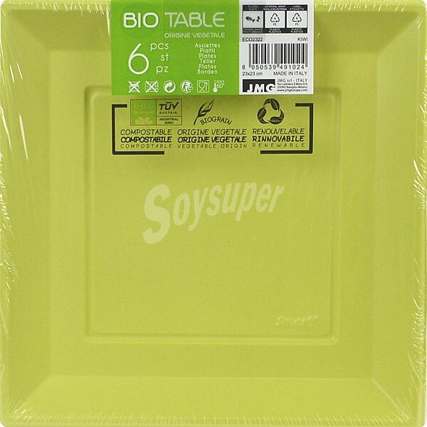 Plato compostable de origen vegetal verde 23x23cm