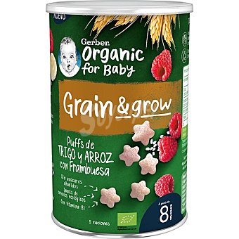 Grain & grow Organic Puffs de trigo y arroz con frambuesa a partir de 8 meses lata 35 g procedente de agricultura ecológica