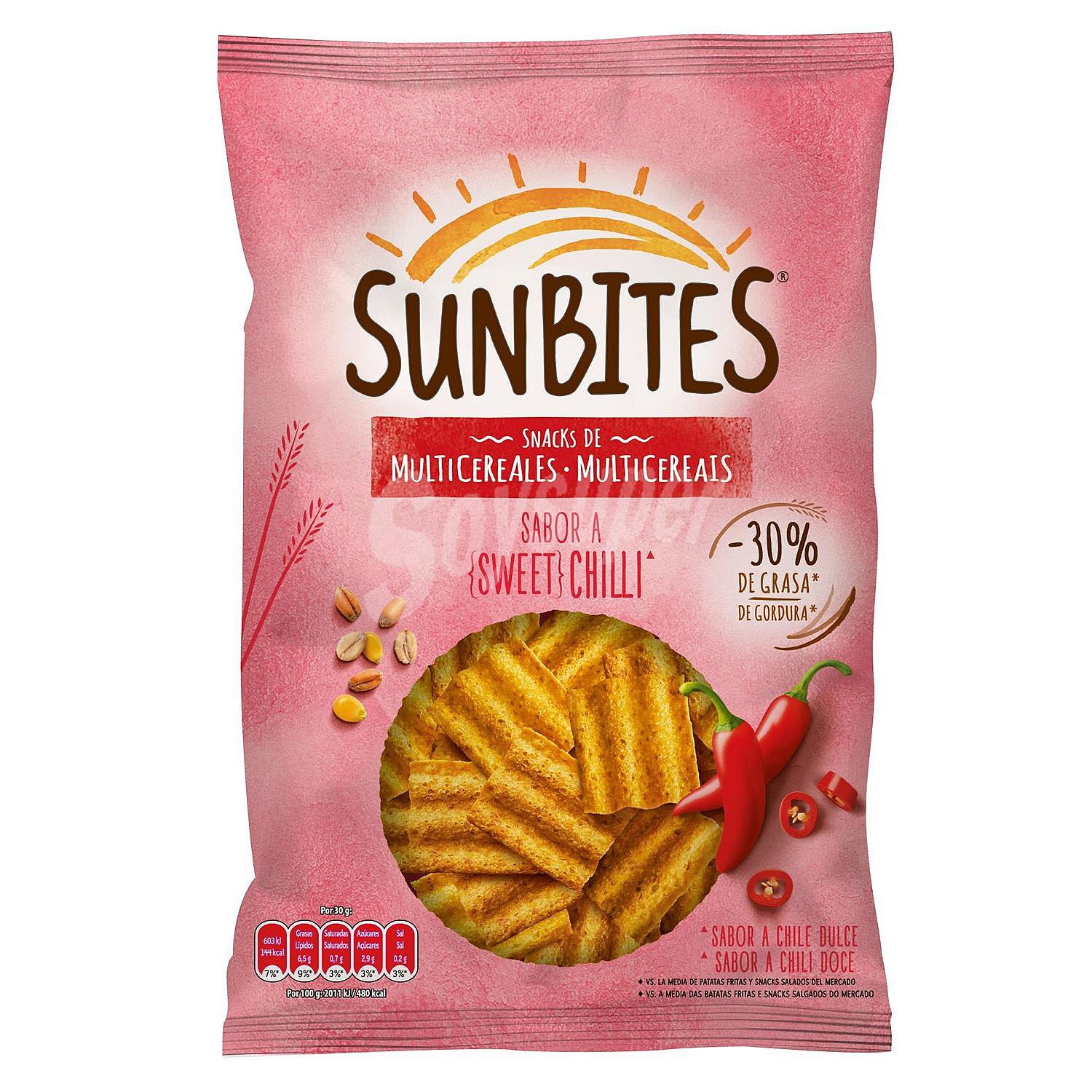 Snacks ondulados de multicereales, sabor a sweet chilli