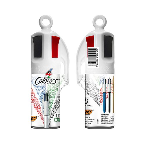 Conjunto de escritura que incluye bolígrafo retráctil con 4 colores de tinta a base de aceite de punta media. BIC