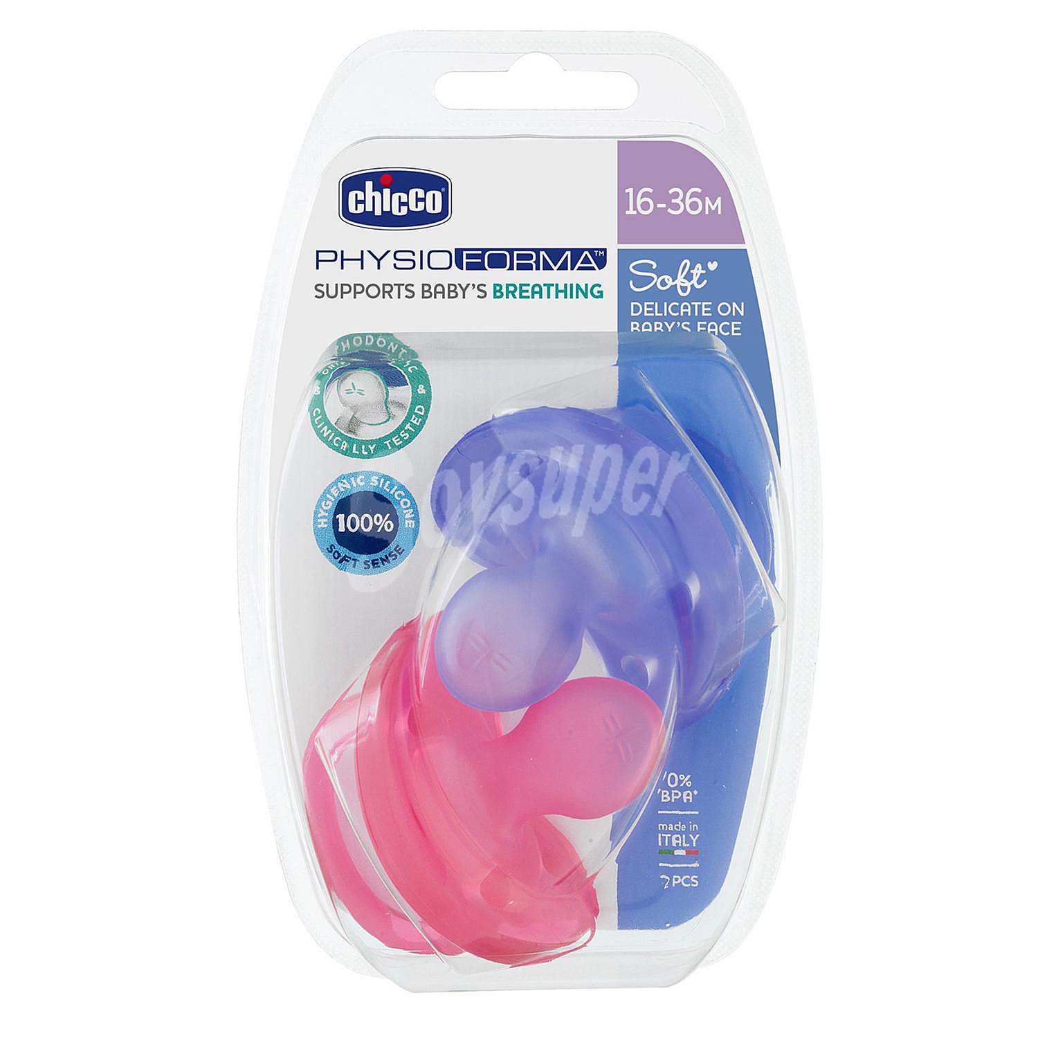 Chupetes de silicona con tetina Physioforma rosa y morado +16 meses Chicco Physio Soft