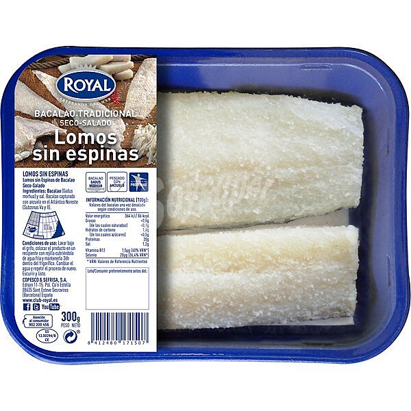 Lomos de bacalao salado sin espinas bandeja 300 g