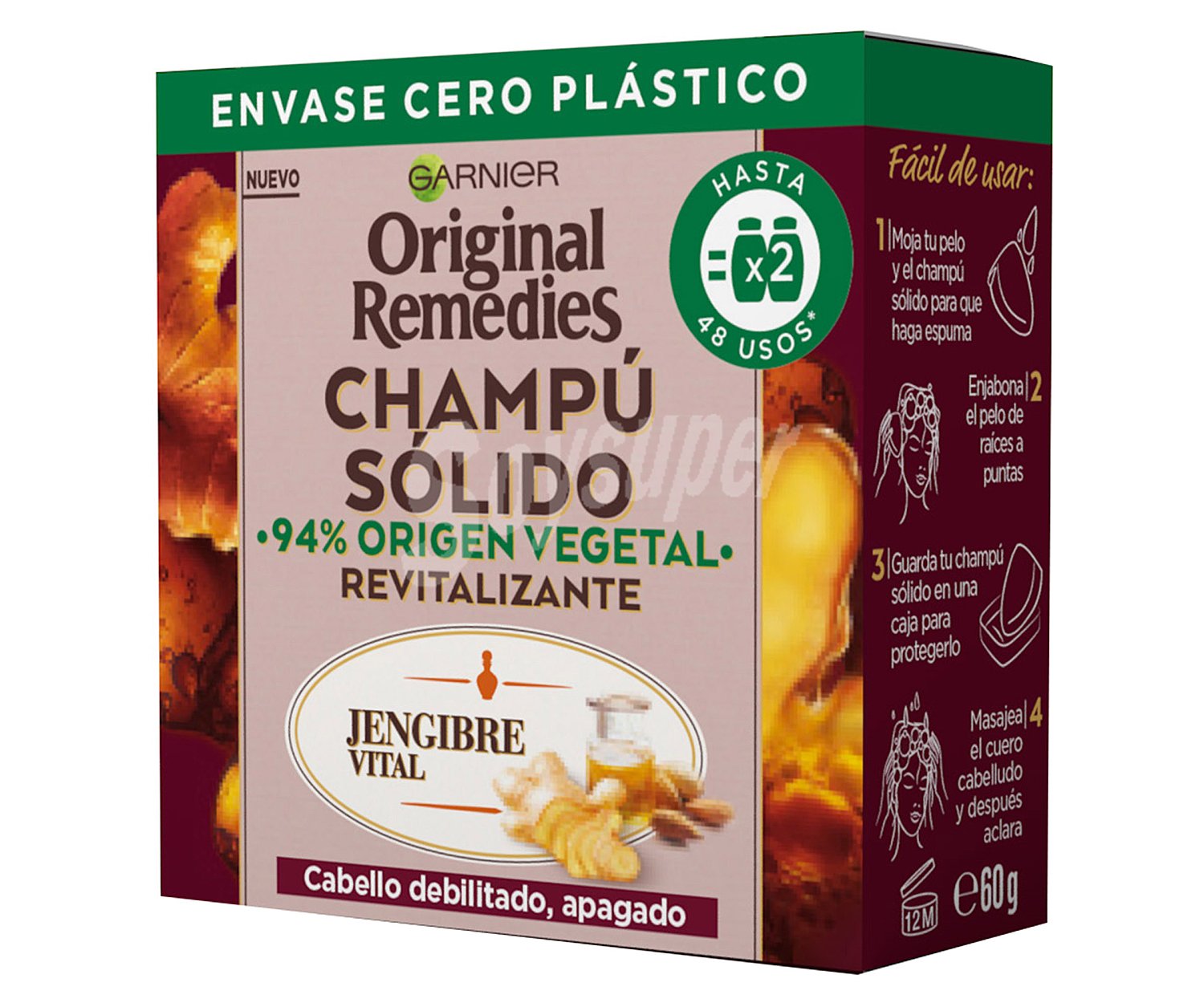 Champú sólido revitalizante de origen vegetal, para cabellos debilitados o apagados