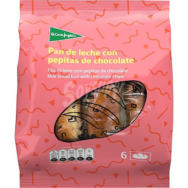 Pan de leche con pepitas de chocolate 6 unidades envasadas individualmente