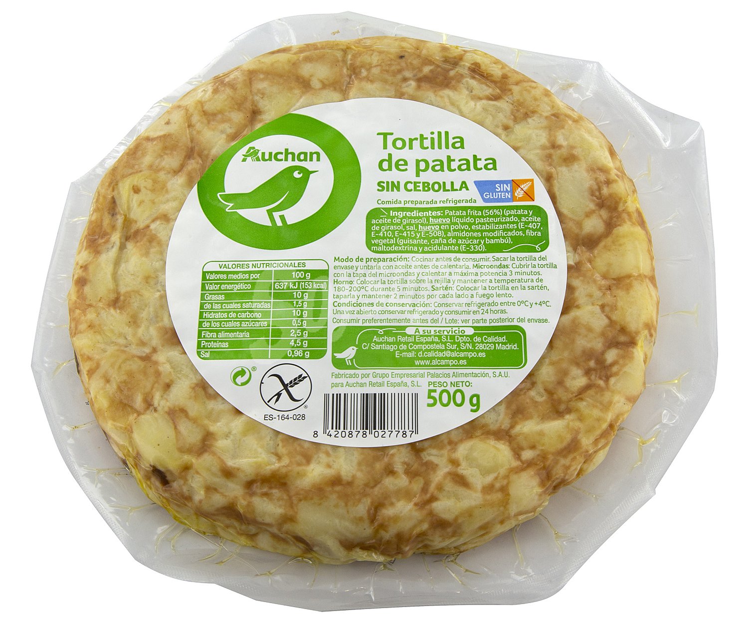 Tortilla de patata fresca, sin cebolla y sin gluten