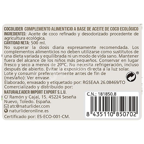 Naturlider Complemento alimenticio a base de aceite de coco ecológico con sabor neutro naturlider