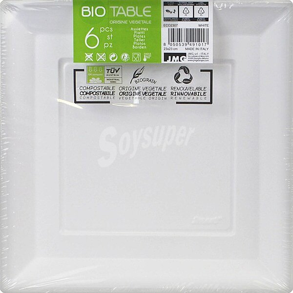 Plato compostable de origen vegetal blanco 23x23cm