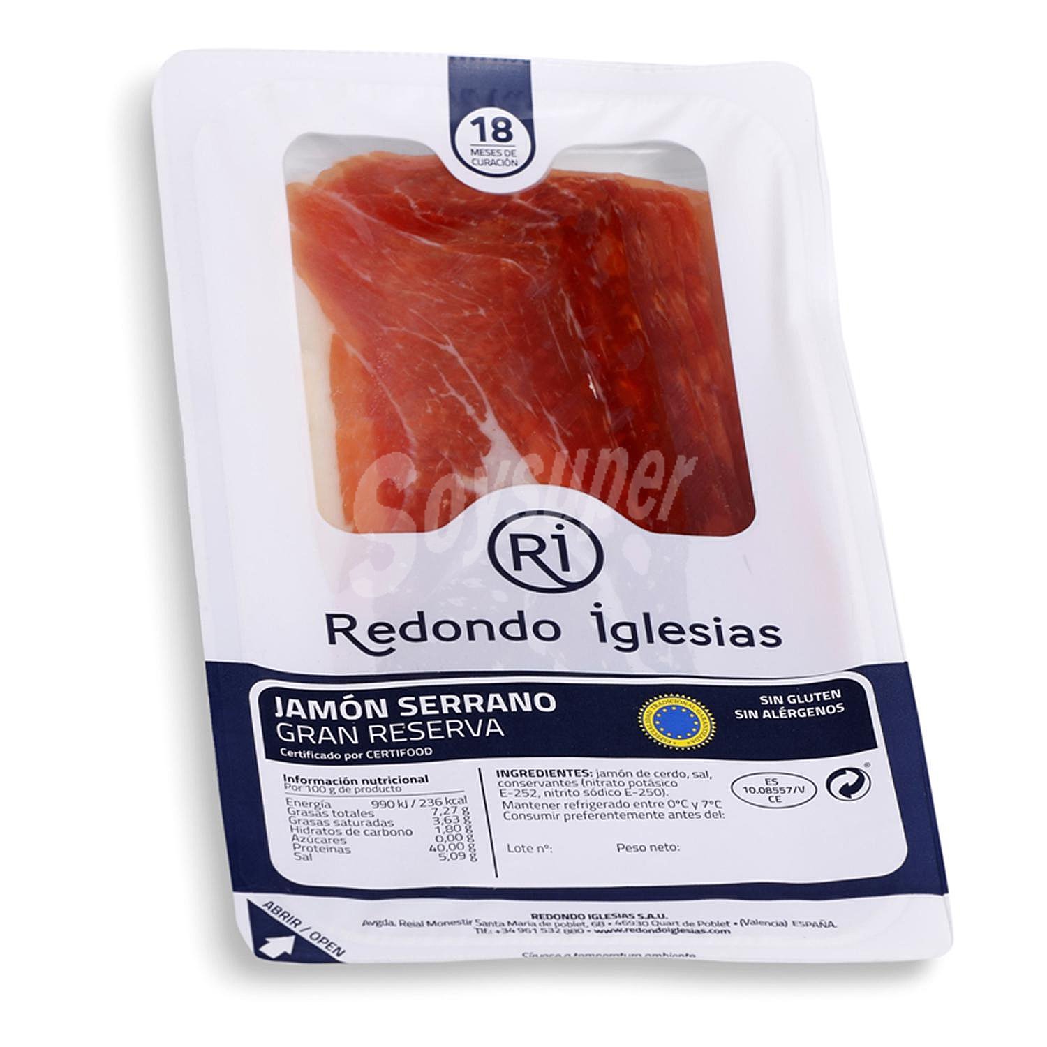 Jamón serrano Gran Reserva 100% natural ETG 18 meses de curación