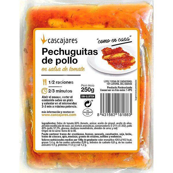 Pechuguitas de pollo con salsa de tomate 1-2 raciones sin gluten