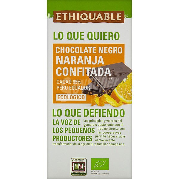 Chocolate negro ecológico de Perú y Haiti con naranja confitada de comercio justo