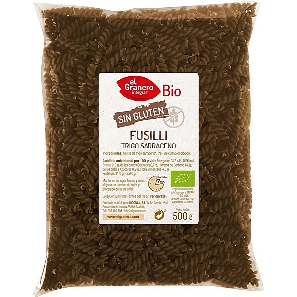 Bio fusilli de trigo sarraceno sin gluten y ecológico envase 500 g