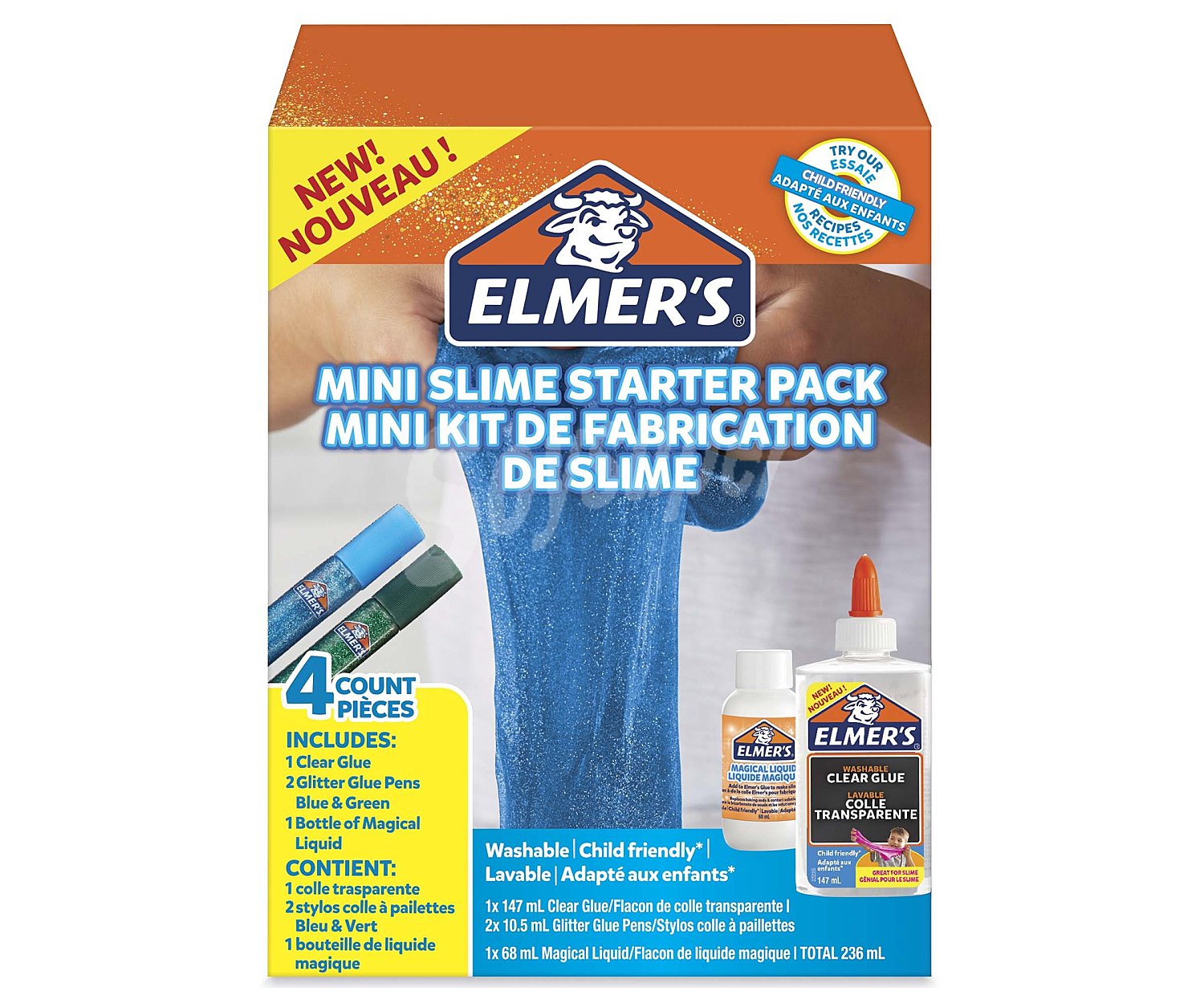 Kit de slime, pegamento con purpurina verde y azul + botella de activado líquido mágico para slime, 2 unidades, elmer's.