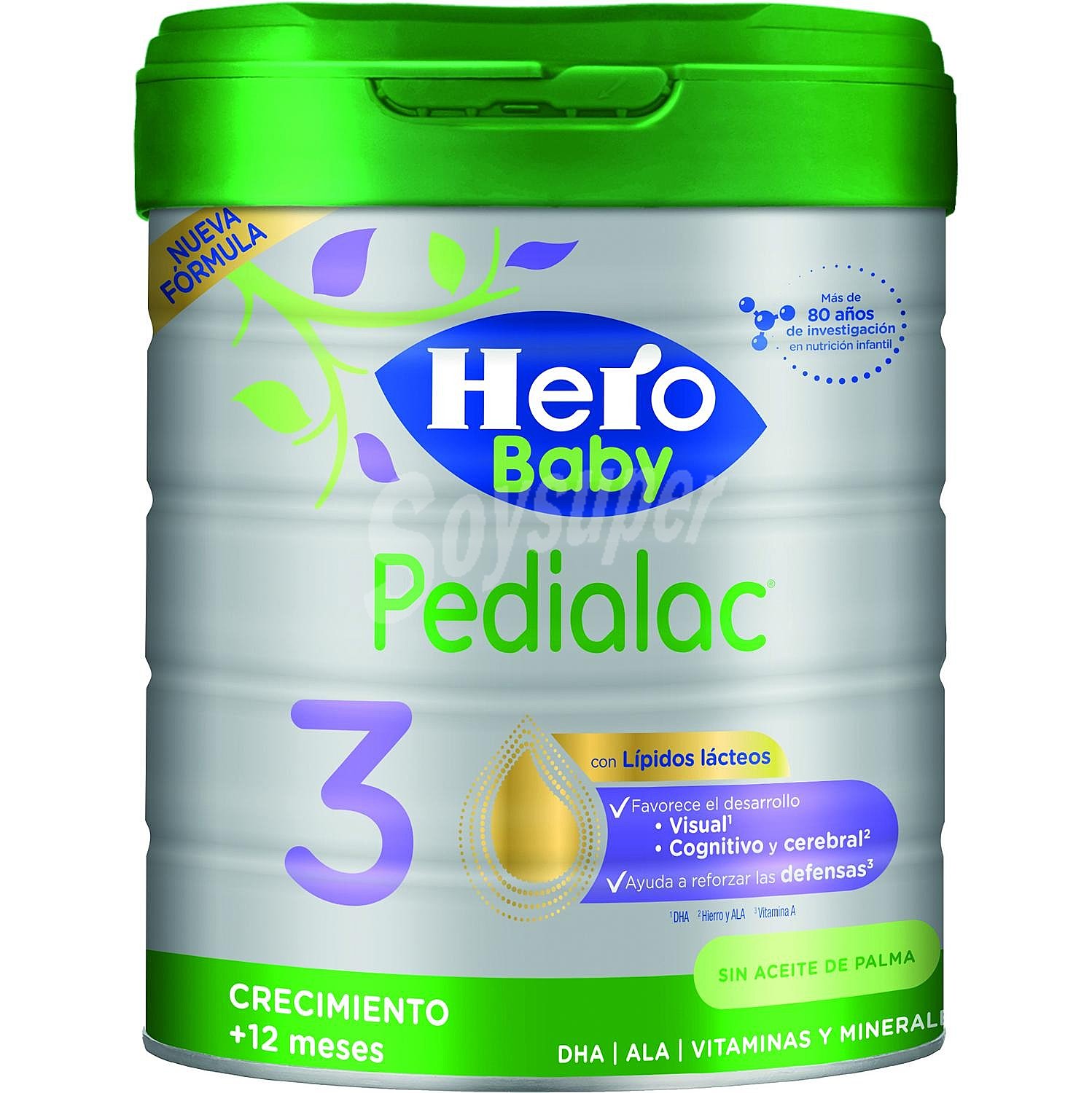 Leche infantil de crecimiento 3 desde 1 año Hero Baby Pedialac lata sin aceite de palma