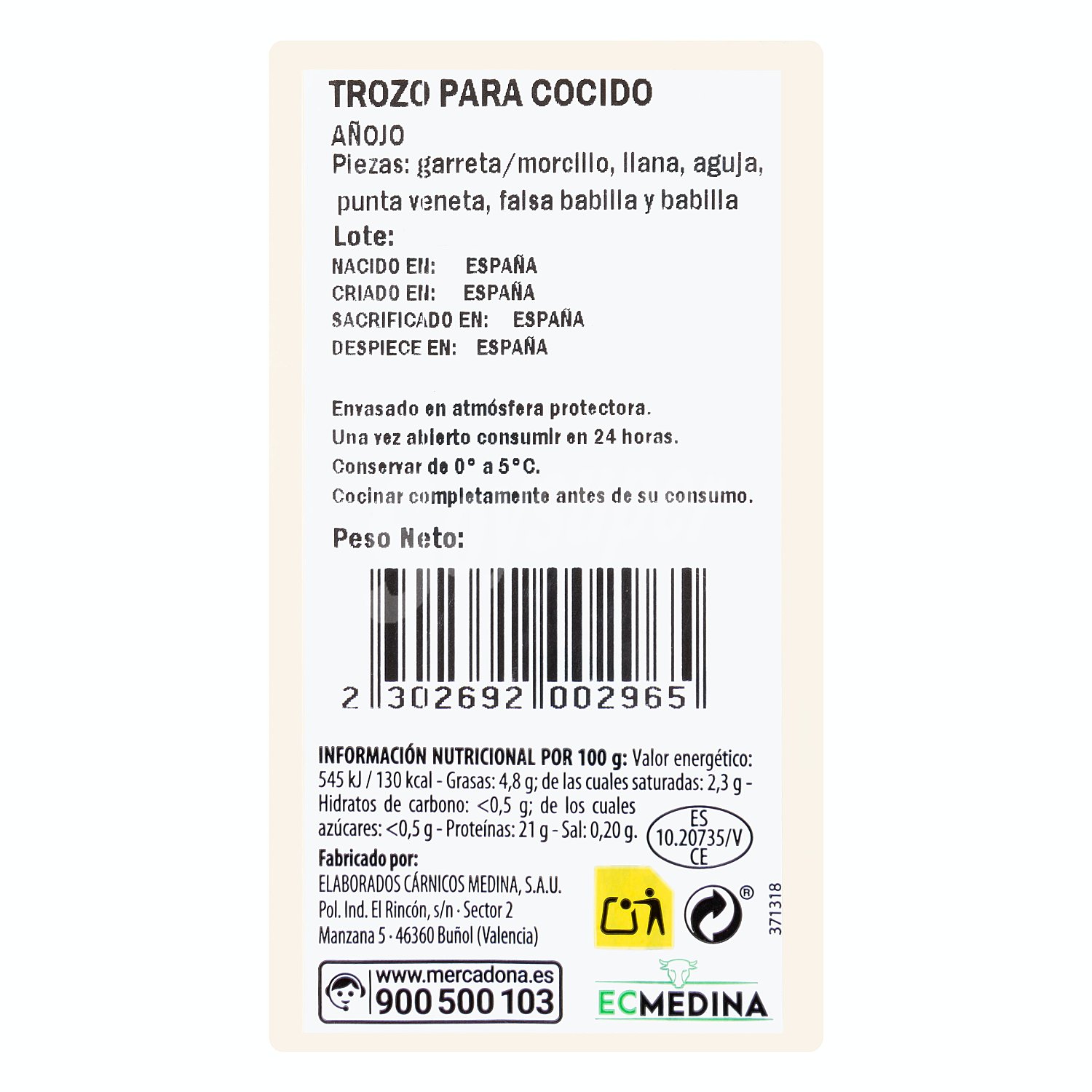 Vacuno añojo cocido trozo fresco, varios, bandeja 300 g aprox(peso aproximado de la )