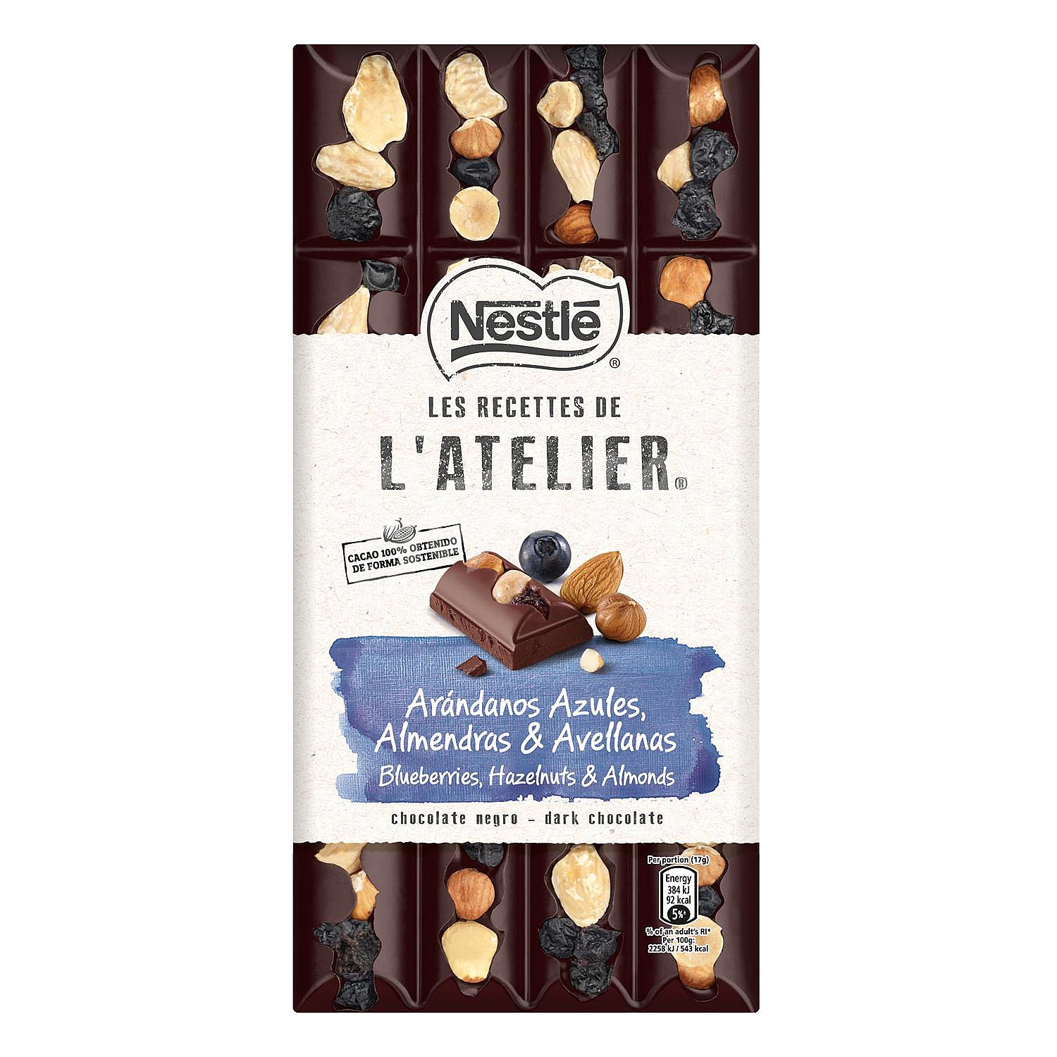 Chocolate negro con arándanos confitados, almendras y avellanas.nestlé l´atelier