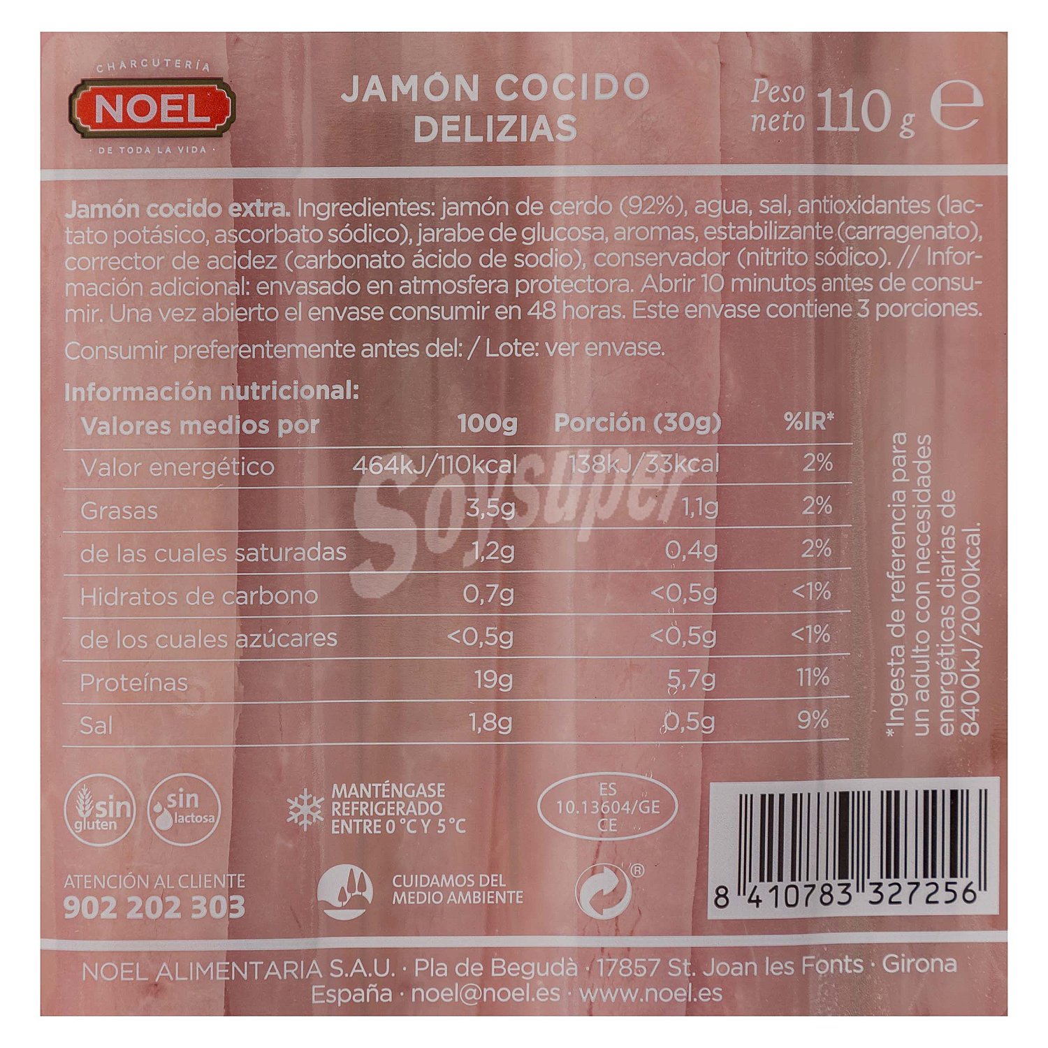 Jamón cocido extra Delizias Noel sin gluten y sin lactosa