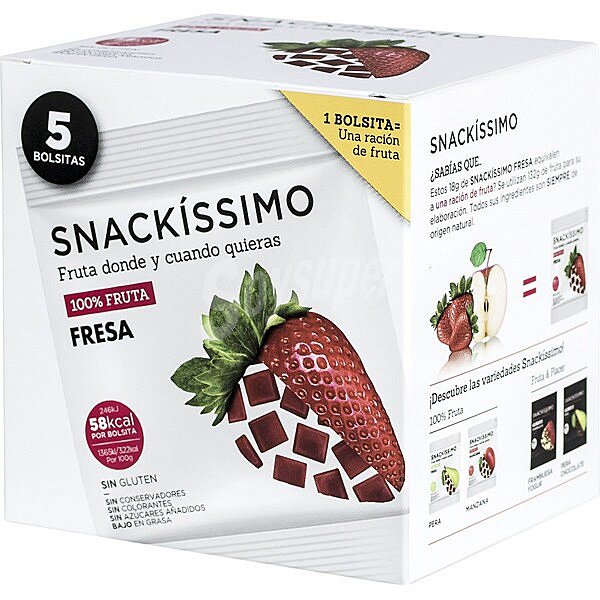 Snack 100% fruta bajo en calorías sin gluten sabor fresa 5 bolsitas caja 90 g