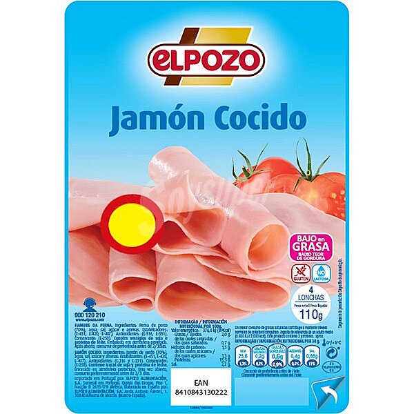 Jamón cocido bajo en grasa en lonchas sin gluten sin lactosa