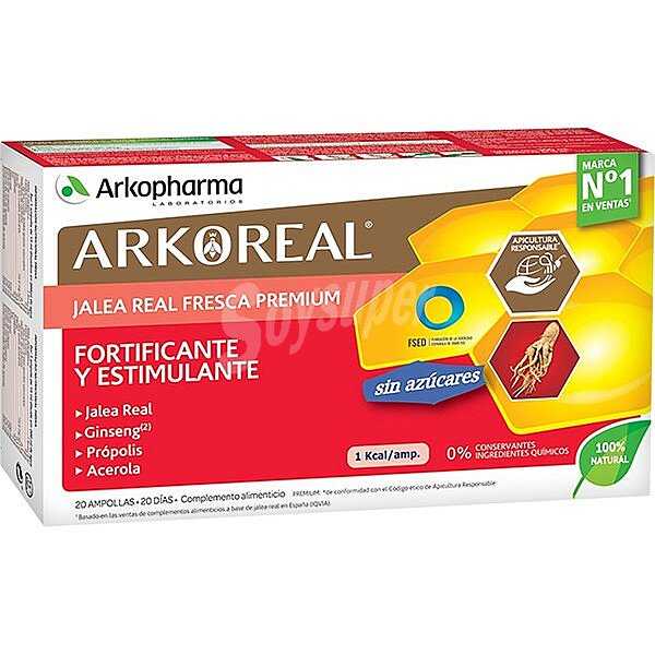 Arkoreal Jalea Real fresca y Ginseng fortificante y estimulante caja 20 ampollas de 15 ml sabor naranja y miel